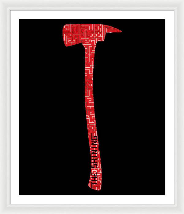 Framed print with red geometric axe silhouette on a black background, white frame