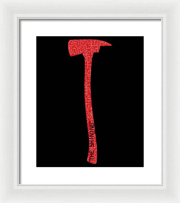 Framed print of red patterned axe silhouette on black, in a white frame with white mat.