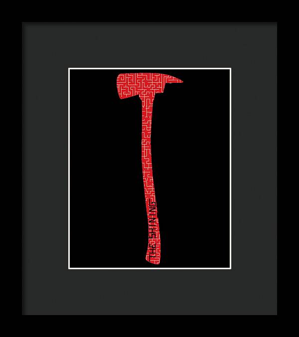 Black framed print with white mat and red patterned axe on black background