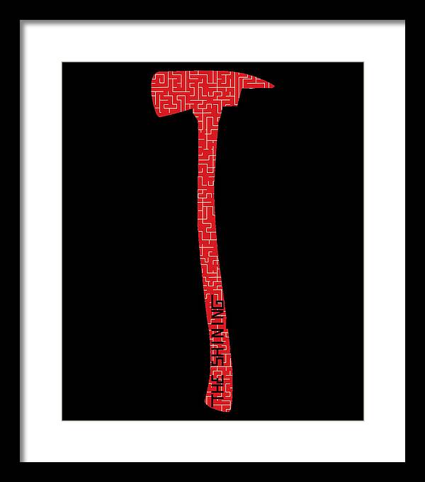 Framed print of red patterned axe silhouette on black, in a white frame with white mat.