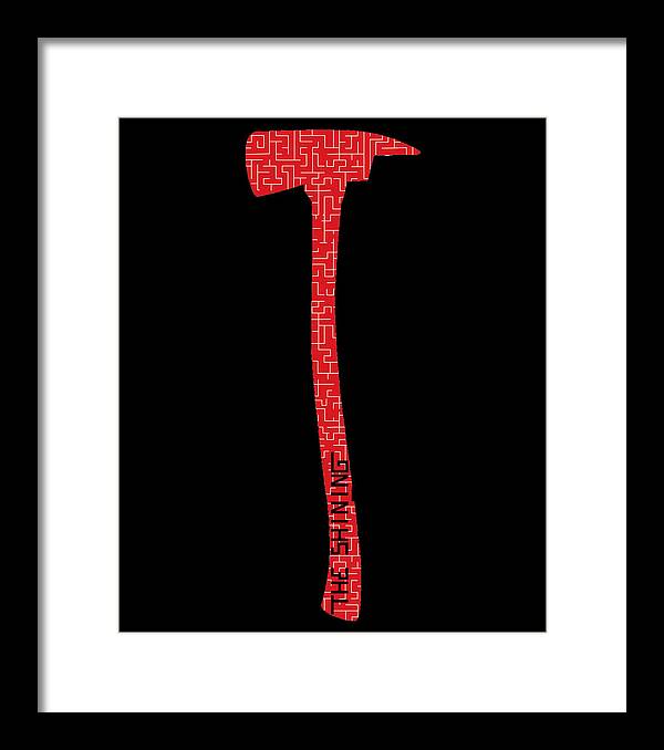 White framed print with red patterned axe centered on black background