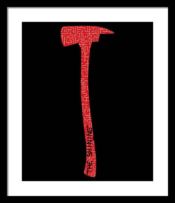 Framed print with red geometric axe on black background, black frame, white mat