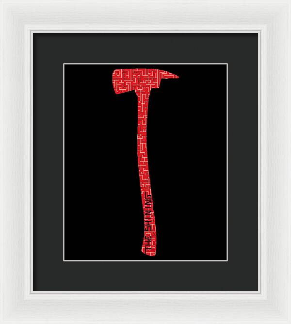Framed print of red patterned axe silhouette on black, in a white frame with black mat.