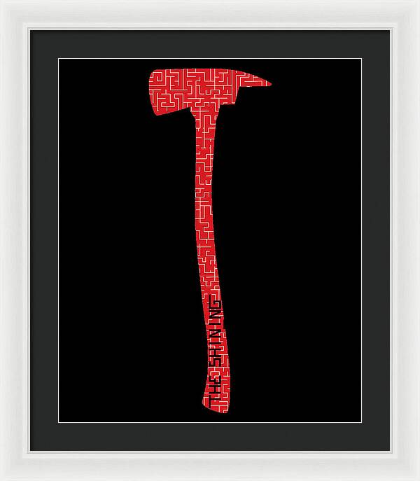 Framed print with red geometric axe silhouette on a black background, black frame with white mat