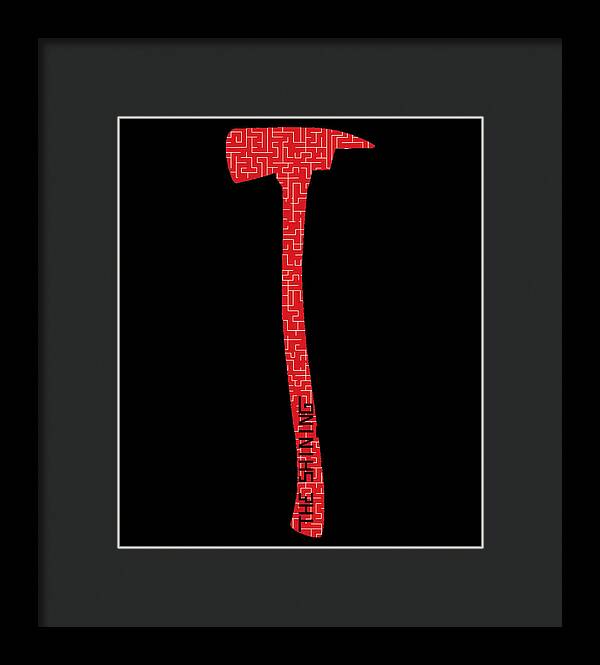 Black framed print with white mat and red patterned axe on black square