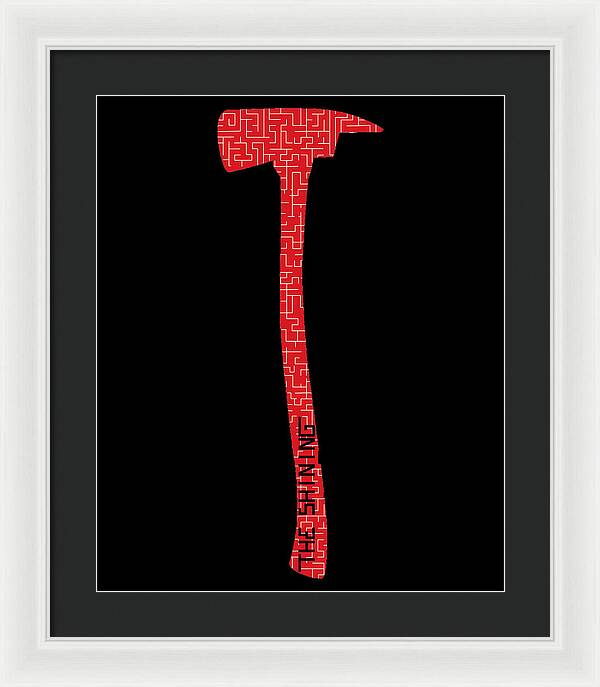Framed print with red geometric axe on black background, white frame, dark inner mat