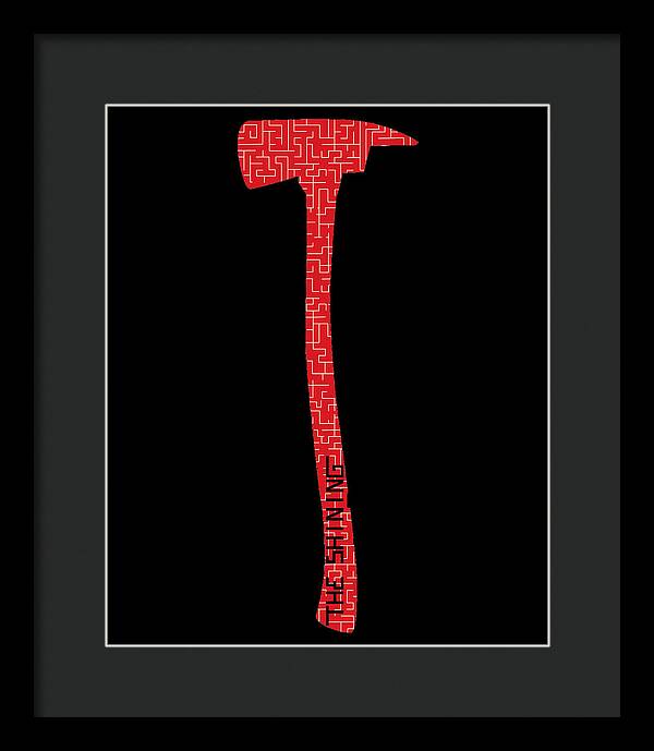 Framed print of red patterned axe silhouette on black, in a dark frame with mat.