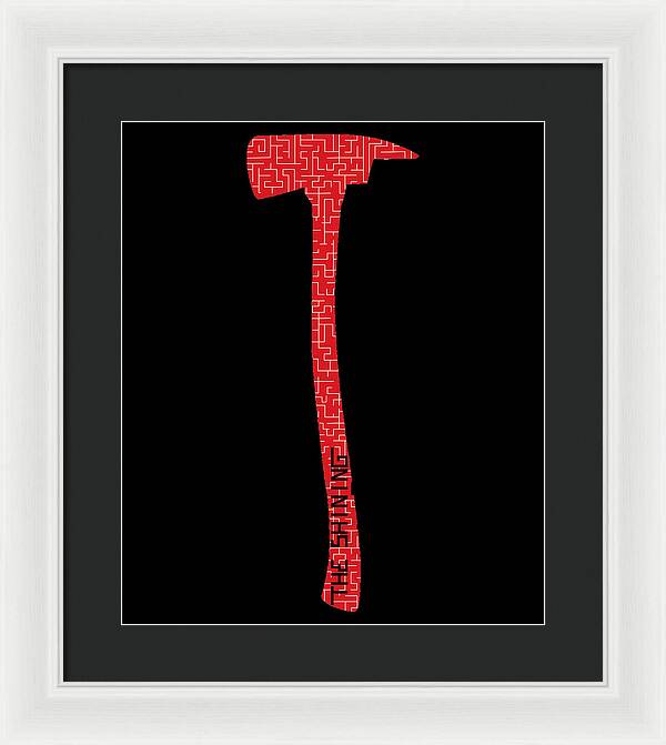 Framed print with red geometric axe on black background, white frame, dark mat