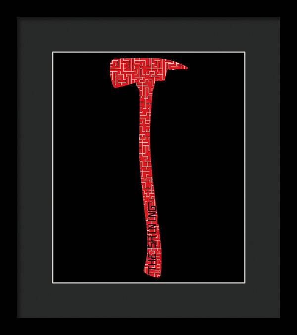 Framed print of red patterned axe silhouette on black, in a dark frame with mat.
