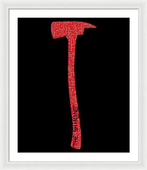 Framed print with red geometric axe silhouette on a black background, white frame