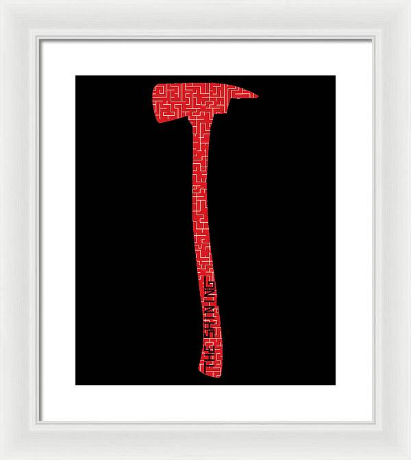 Framed print of red patterned axe silhouette on black, in a white frame with white mat.