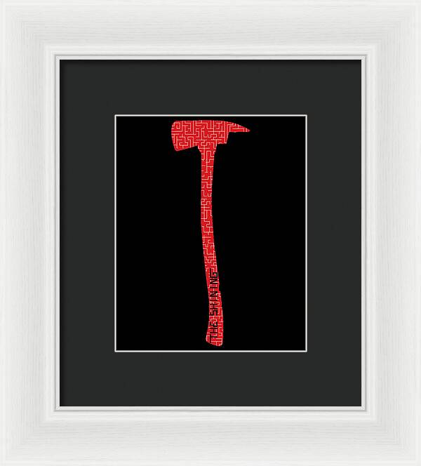 White framed print with black mat and red patterned axe on black square