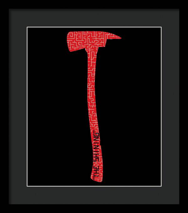 Framed print of red patterned axe silhouette on black, in a dark frame with mat.