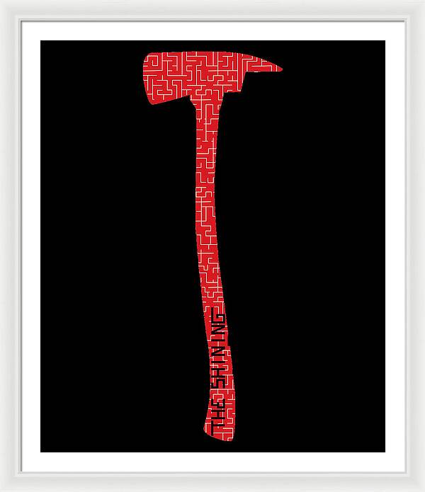 White framed print with red patterned axe on black background