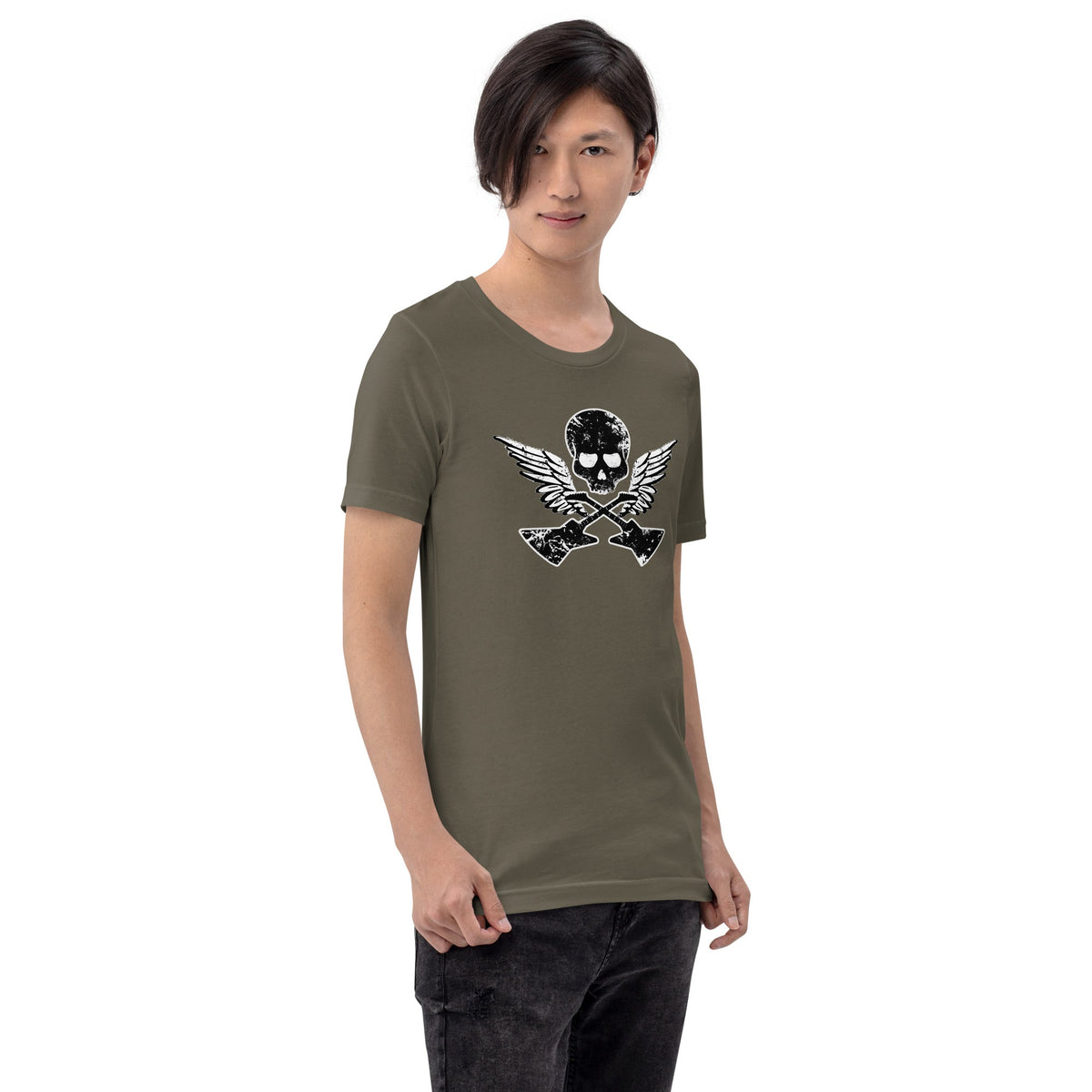 Olive T-shirt with skull, guitar, and wings graphic on the front.