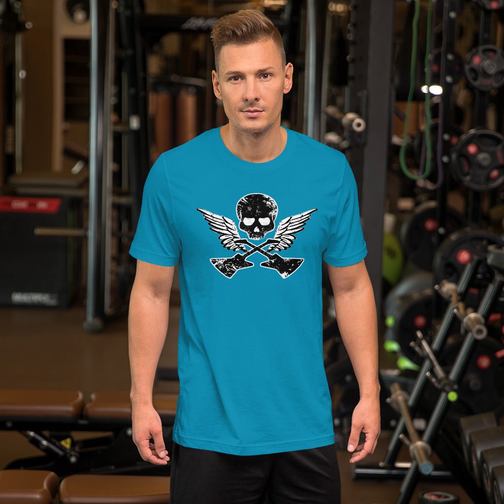 Teal T-shirt with skull, guitar, and wings graphic on the front.