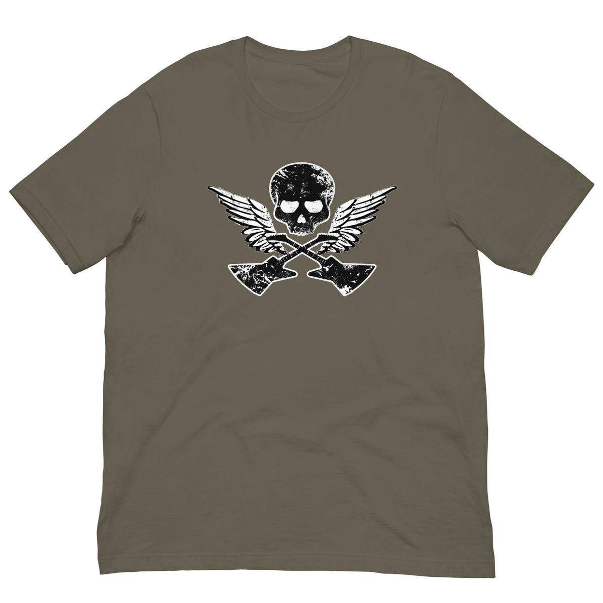 Asphalt green T-shirt with large skull, wings, and guitar graphic on the back