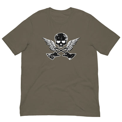 Asphalt green T-shirt with large skull, wings, and guitar graphic on the back
