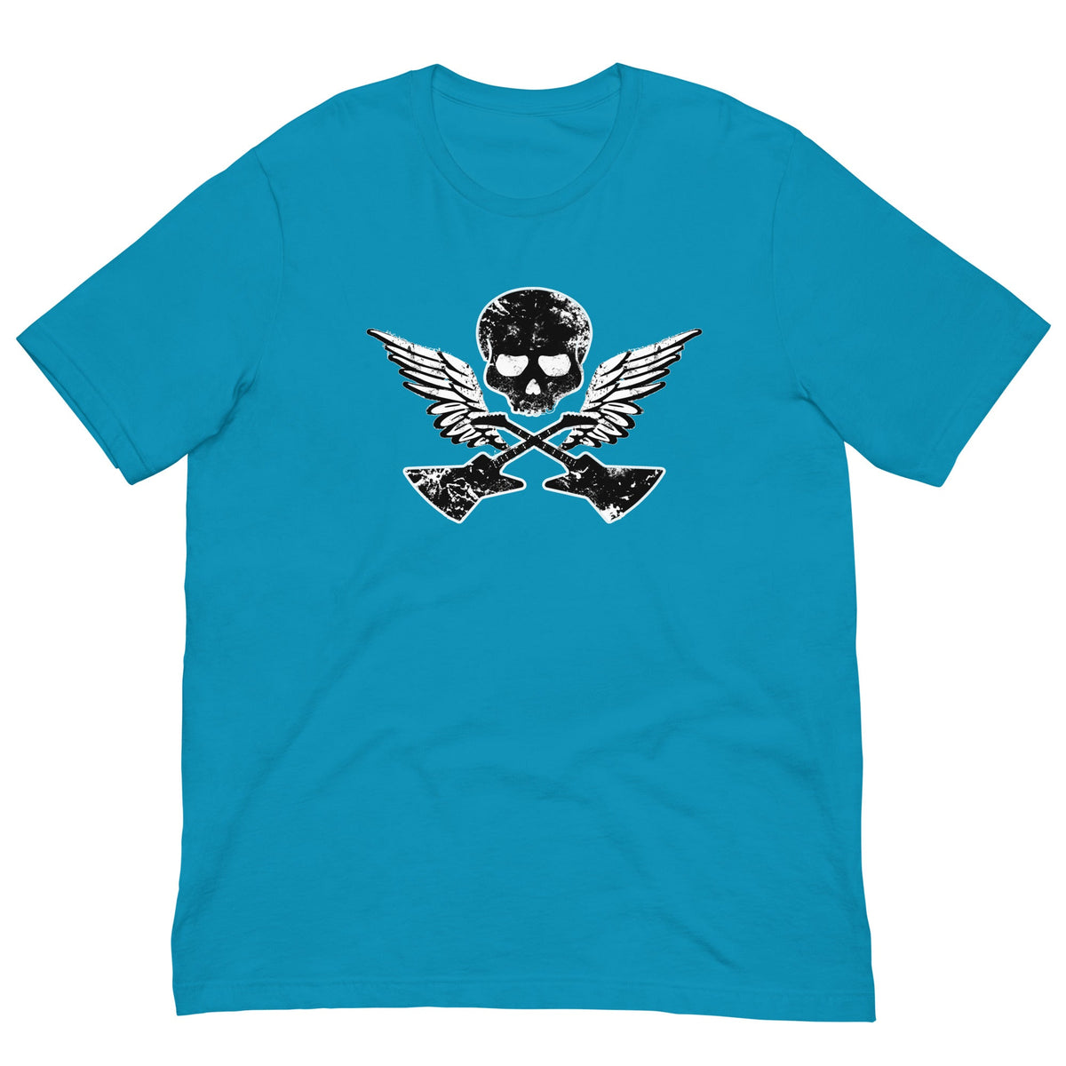 Aqua T-shirt with large skull, wings, and guitar graphic on the back