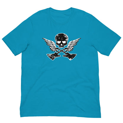 Aqua T-shirt with large skull, wings, and guitar graphic on the back