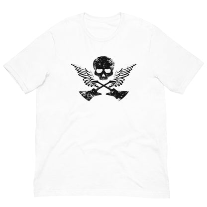 White T-shirt with black skull, wings, and guitar graphic on the back