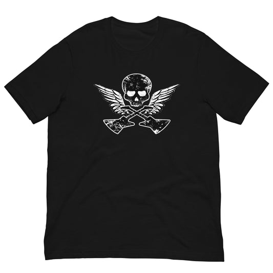 Black T-shirt with skull, guitar, and wings graphic on the front.