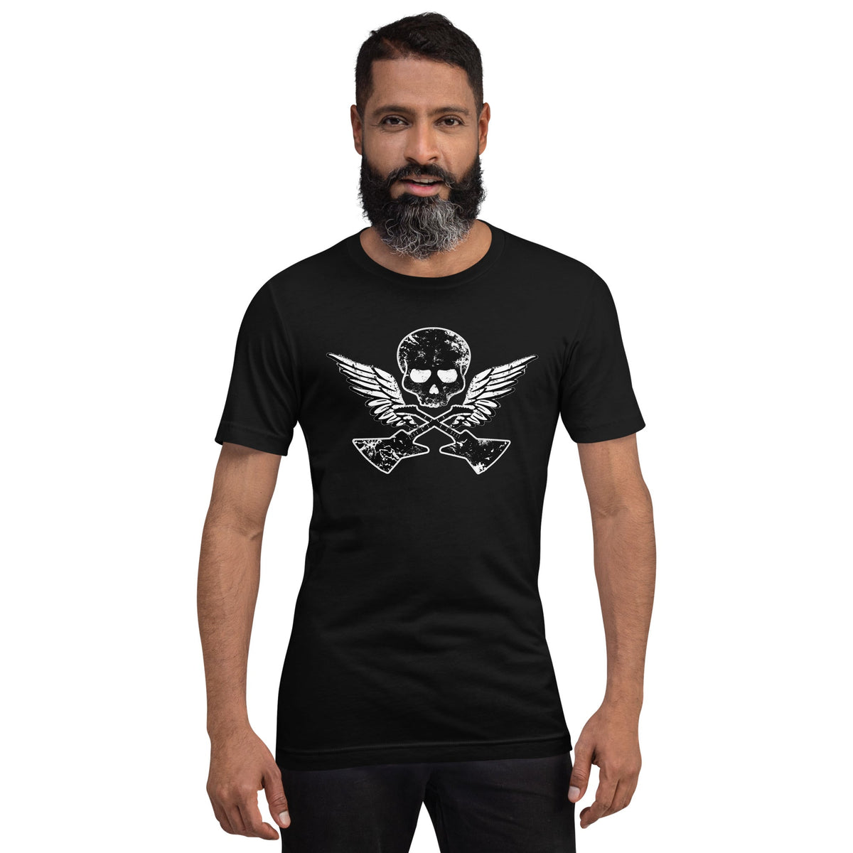 Black T-shirt with skull, guitar, and wings graphic on the front.