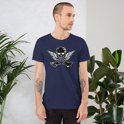 Navy T-shirt with skull, guitar, and wings graphic on the front.