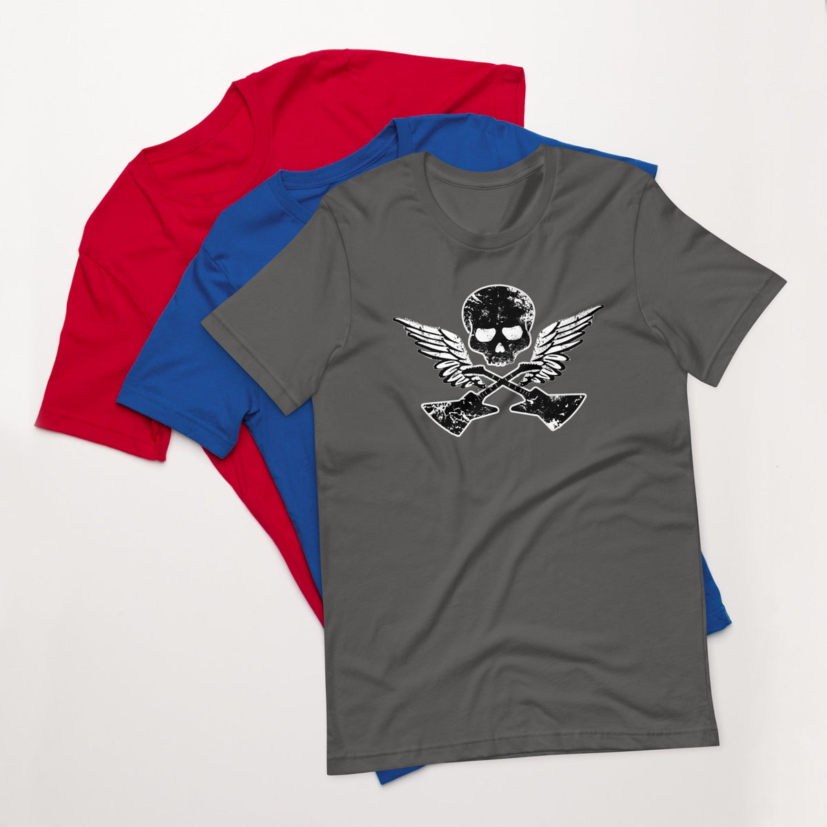 Gray T-shirt with skull, guitar, and wings graphic on the front.