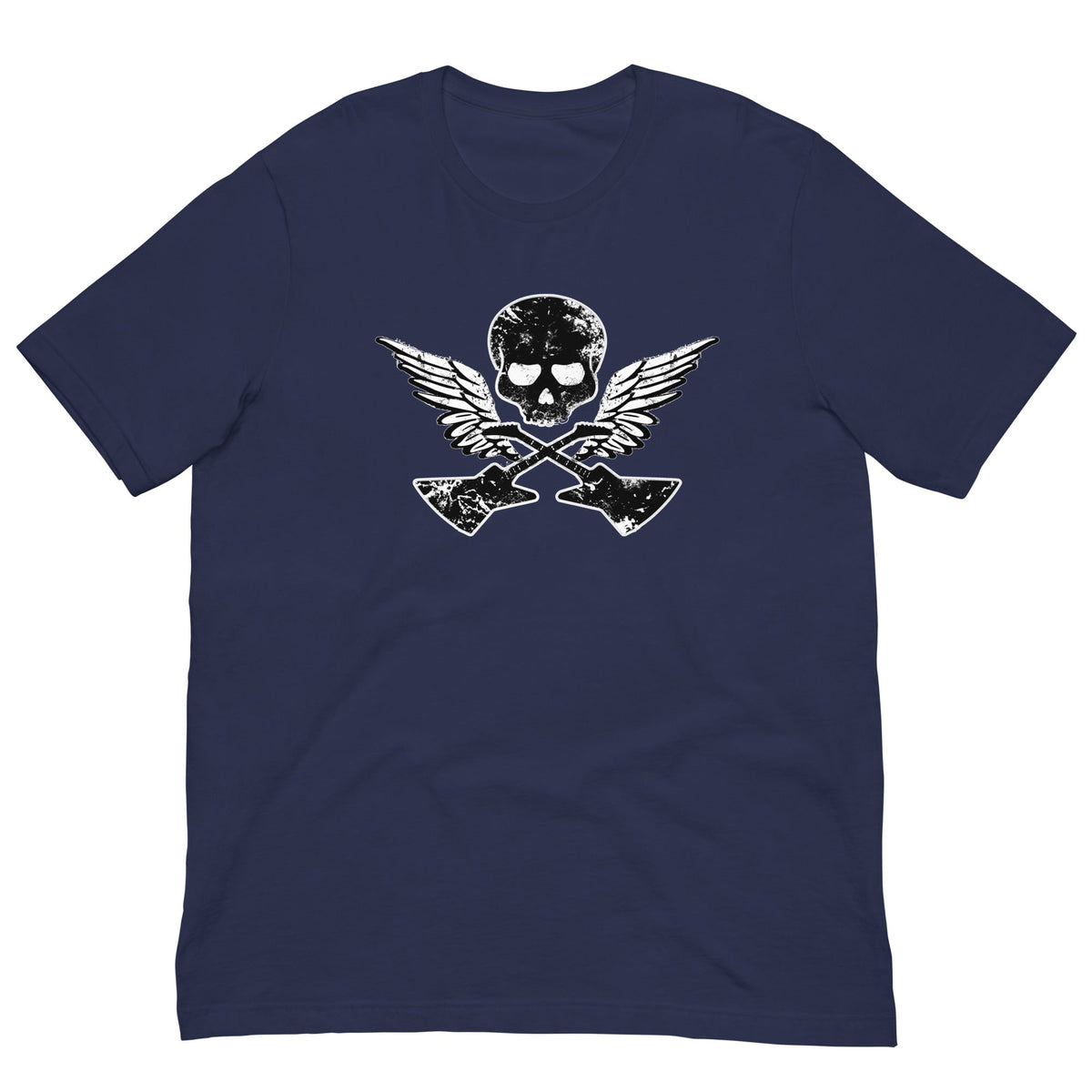 Navy T-shirt with large skull, wings, and guitar graphic on the back