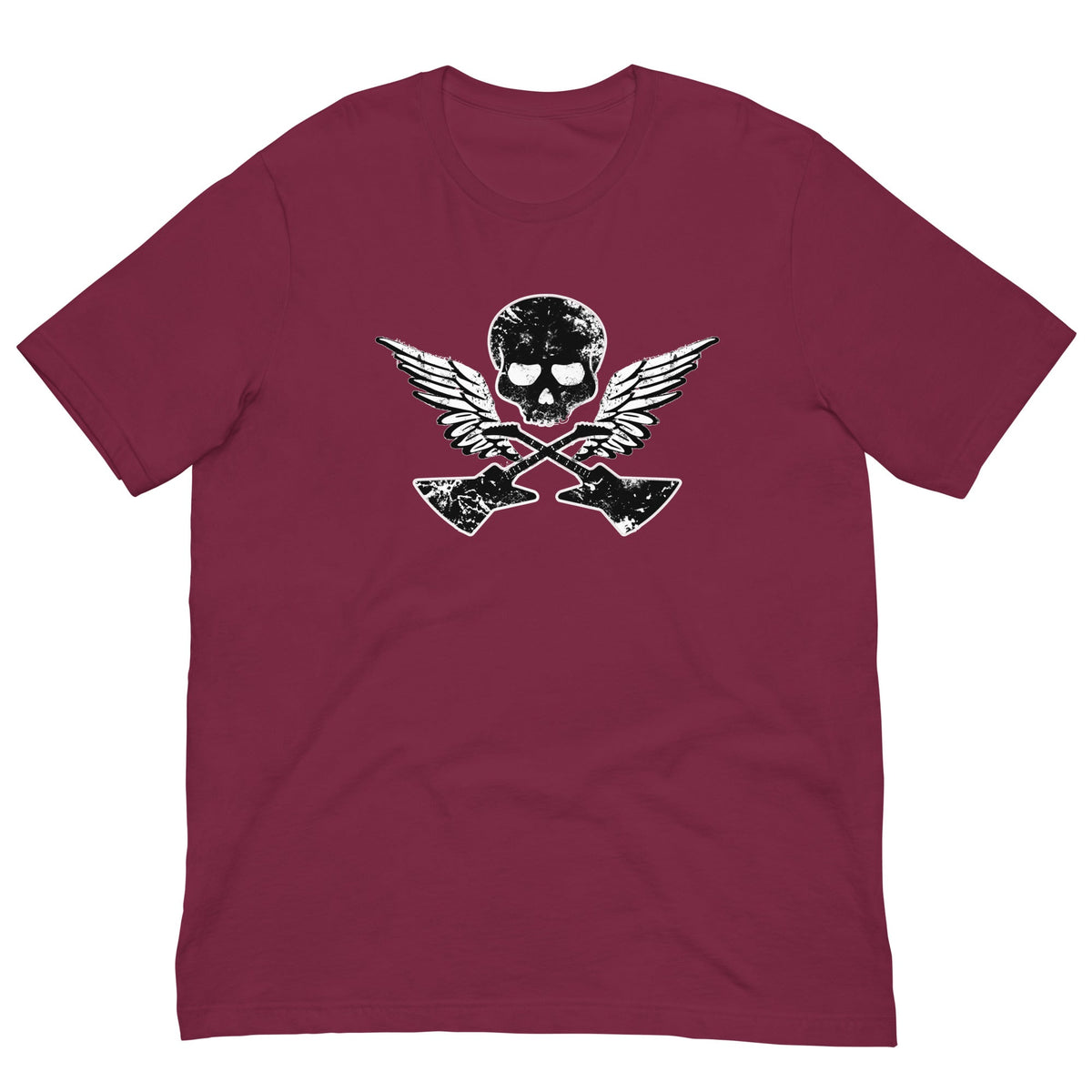 Maroon T-shirt with large skull, wings, and guitar graphic on the back