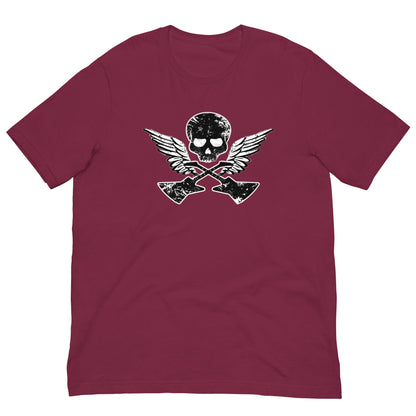 Maroon T-shirt with large skull, wings, and guitar graphic on the back