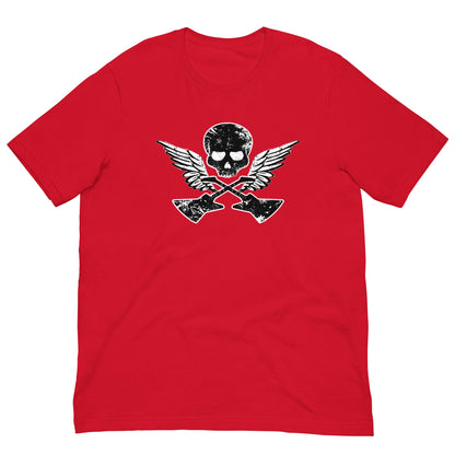 Red T-shirt with large skull, wings, and guitar graphic on the back