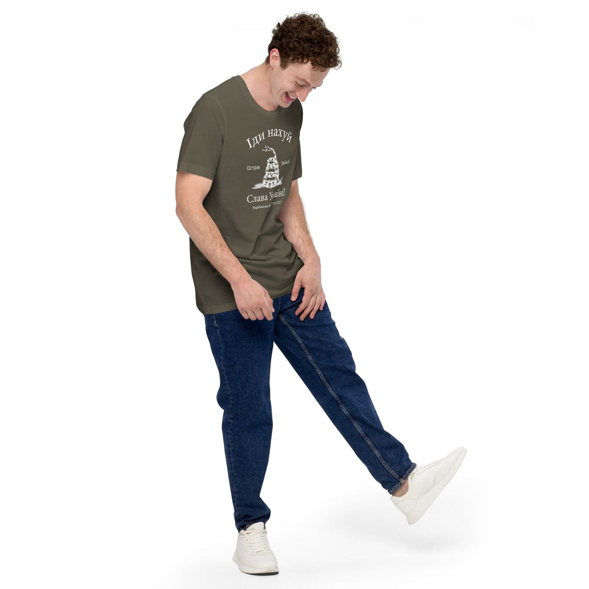 Men's olive green T-shirt with white snake-and-ship front graphic
