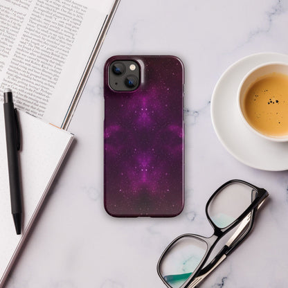 Purple galaxy iPhone snap case shown front view with camera openings