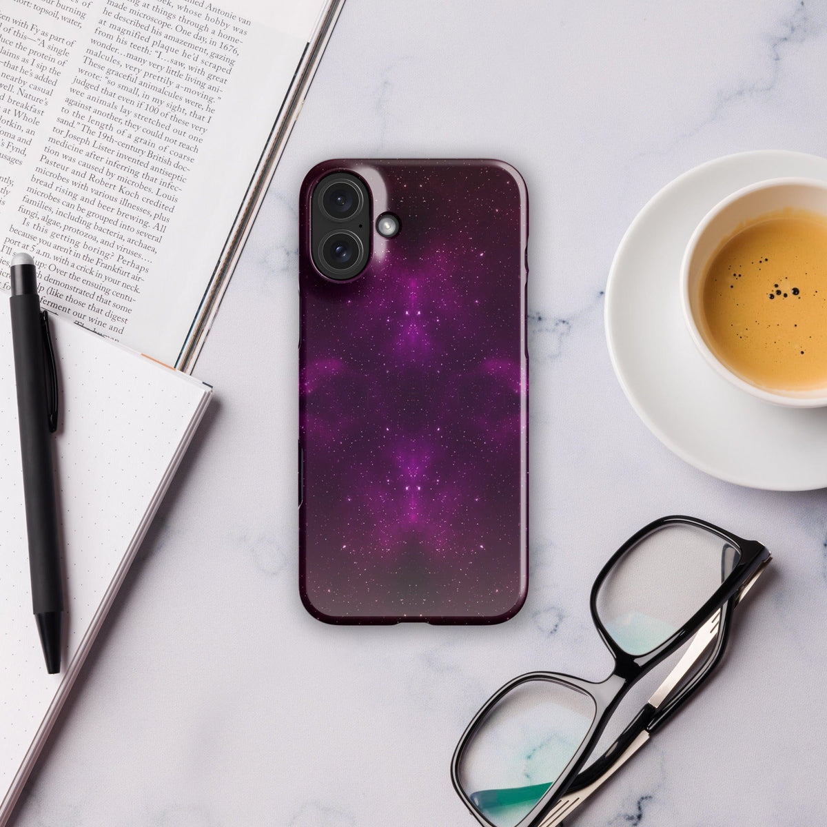Purple galaxy iPhone snap case with raised camera cutouts and starry speckles