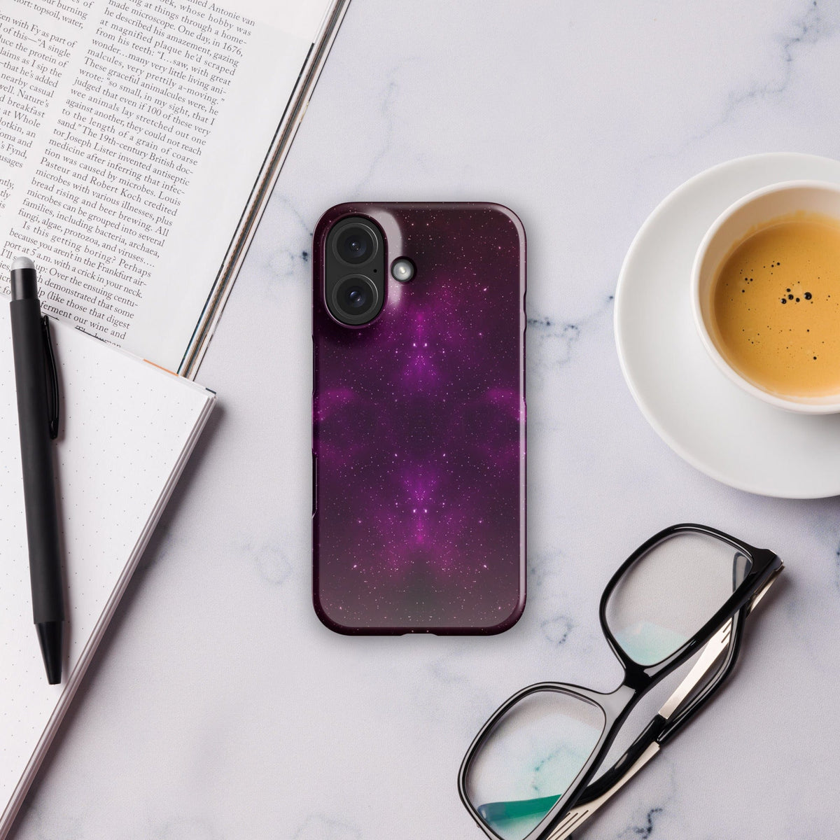 Purple galaxy iPhone snap case with dark starfield design and camera openings