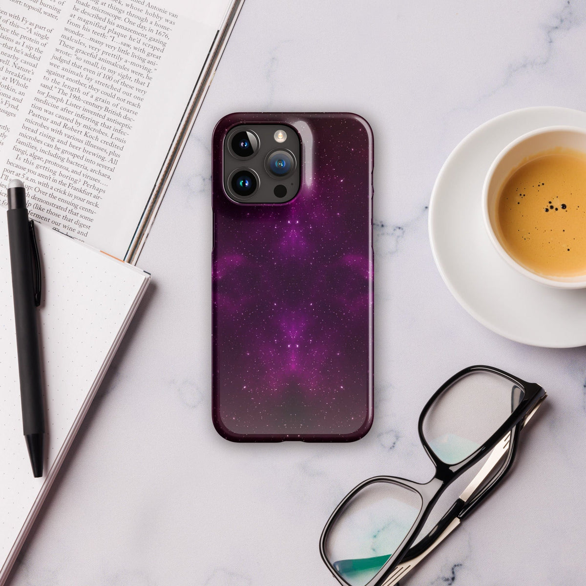Purple galaxy iPhone snap case featuring starry nebula pattern and camera cutouts