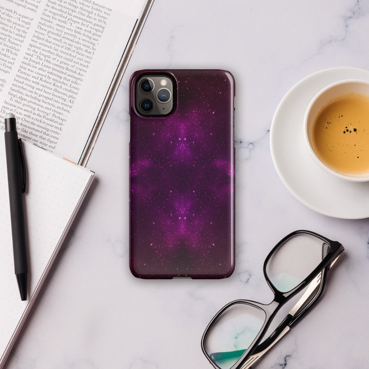 Purple space-themed snap phone case for iPhone® showing rear camera cutouts