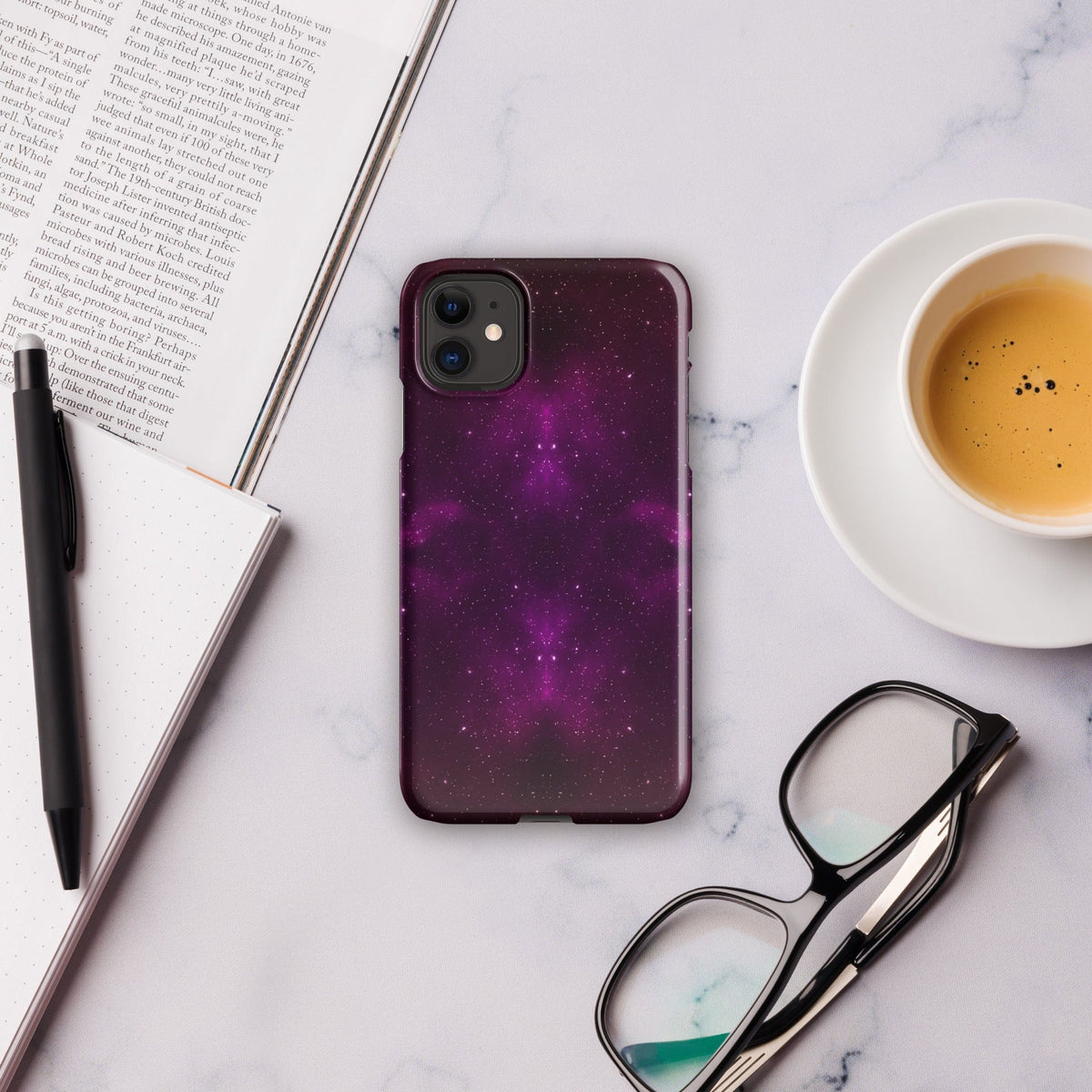 Purple galaxy iPhone snap case with dual camera cutouts and maroon edge