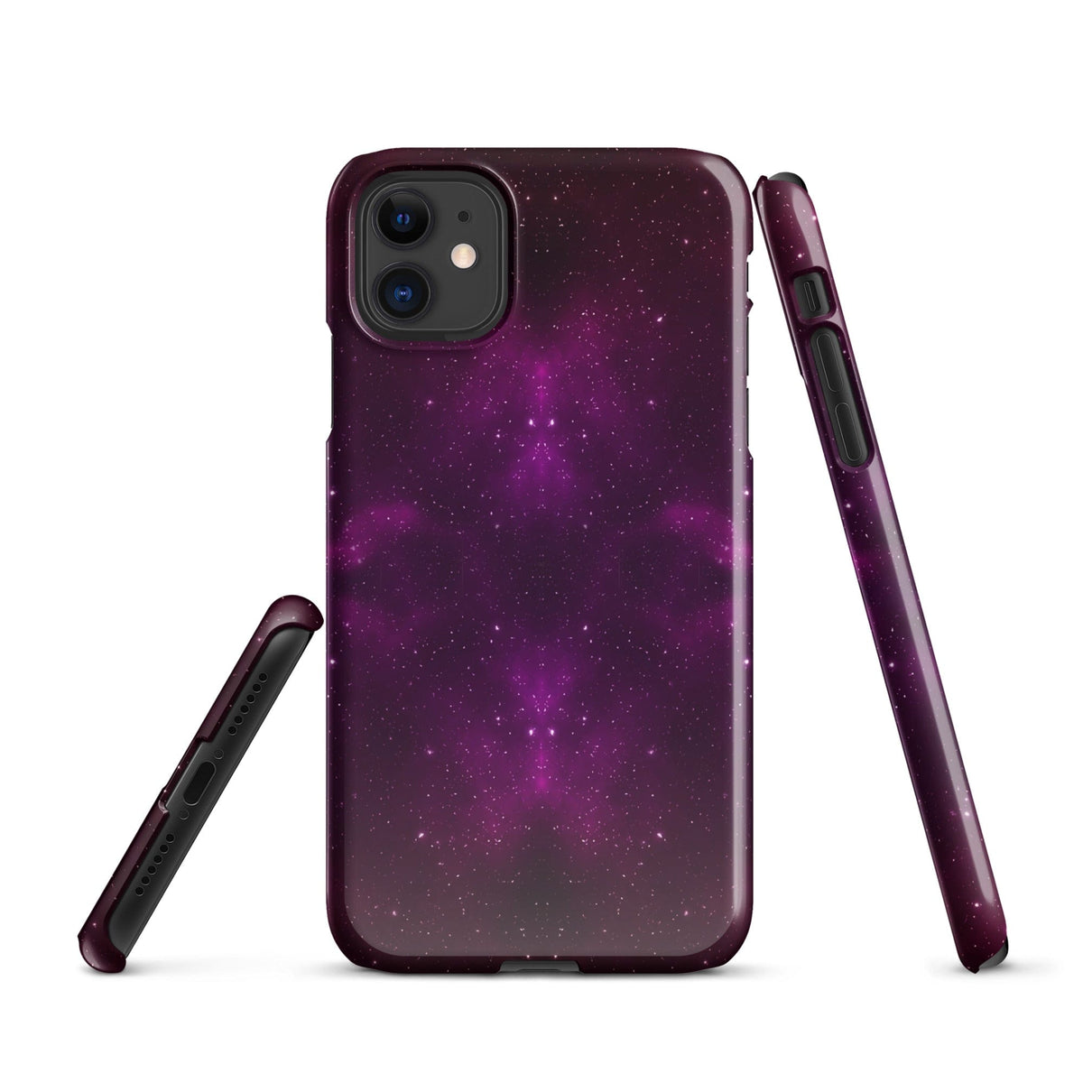iPhone® snap case with dark purple starry space design, visible side buttons