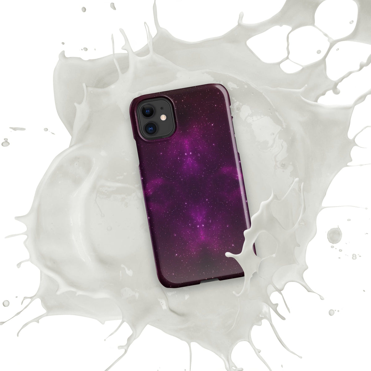 Purple galaxy iPhone snap case with dual camera cutouts and maroon border, splatter style