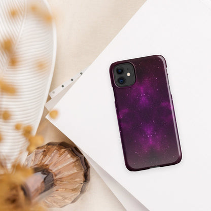 Purple galaxy iPhone snap case with dual camera cutout and maroon trim, tilted