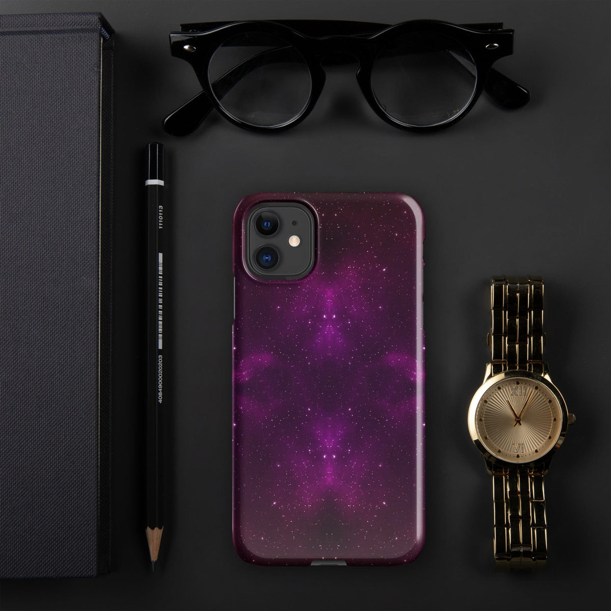 Purple galaxy iPhone snap case with dual camera cutout and slim maroon border