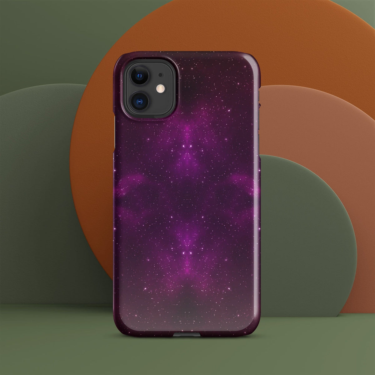Purple galaxy iPhone snap case with dual camera cutout and maroon edge, centered