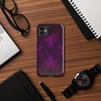 Purple galaxy iPhone snap case with dual camera cutout and maroon trim, front view