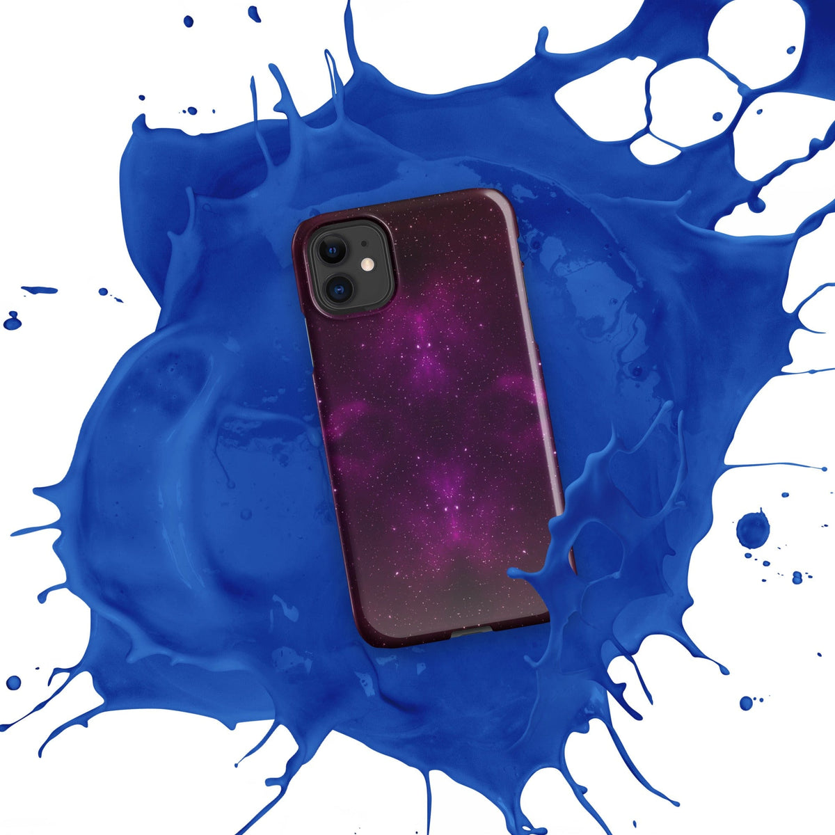 Purple galaxy iPhone snap case with dual camera cutouts and maroon border