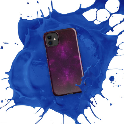 Purple galaxy iPhone snap case with dual camera cutouts and maroon border