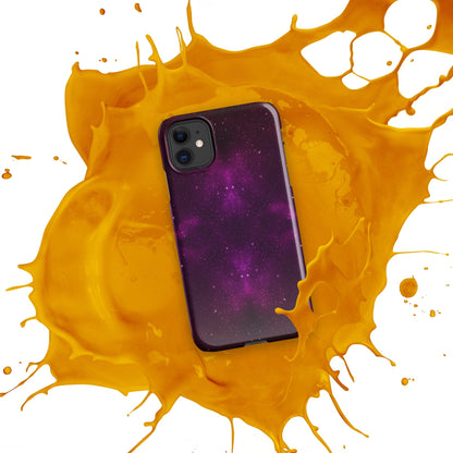 Purple galaxy iPhone snap case with dual camera cutout and maroon frame