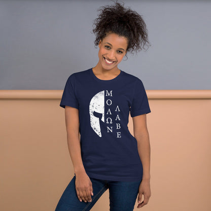 Navy T-shirt with white Spartan helmet chest graphic and Greek letters
